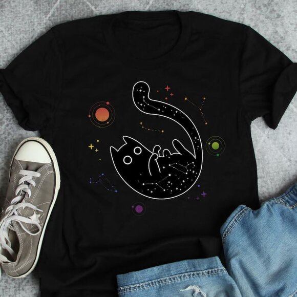 Tops - Cute Rainbow Cat Shirt, Space Galaxy Cat Tee, Gift For Cat Lover